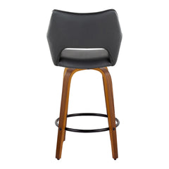 Mustang 26" Contemporary Fixed-Height Counter Stool with Swivel in Walnut Wood and Black Faux Leather with Round Black Metal Footrest by LumiSource - Set of 2
