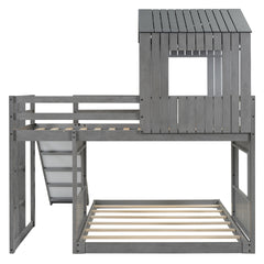 Wooden Twin Over Full Bunk Bed, Loft Bed with Playhouse, Farmhouse, Ladder, Slide and Guardrails, Antique Gray(OLD SKU :LT000028AAE)