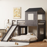Wooden Twin Over Full Bunk Bed, Loft Bed with Playhouse, Farmhouse, Ladder, Slide and Guardrails, Antique Gray(OLD SKU :LT000028AAE)