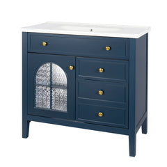 35.6" Mid-Century Bathroom Vanity Sink with Patterned Glass & Motion-sensor Light Strip, Farmhouse Freestanding Bathroom Vanity Sink with Storage, High-end Restroom Vanity Cabinet,Blue
