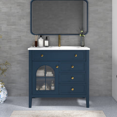 35.6" Mid-Century Bathroom Vanity Sink with Patterned Glass & Motion-sensor Light Strip, Farmhouse Freestanding Bathroom Vanity Sink with Storage, High-end Restroom Vanity Cabinet,Blue