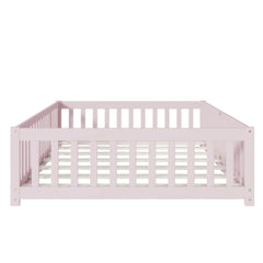 Full Size Floor Bed with Fence and Door,Rubber Wood Floor Bed with Safety Guardrails,Pink