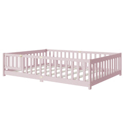 Full Size Floor Bed with Fence and Door,Rubber Wood Floor Bed with Safety Guardrails,Pink