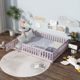 Full Size Floor Bed with Fence and Door,Rubber Wood Floor Bed with Safety Guardrails,Pink