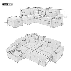 84.75" Sleeper Sofa Bed,2 in 1 Pull Out sofa bed L Shape Couch with Storage Ottoman for Living Room,Bedroom Couch and Small Apartment, Gray
