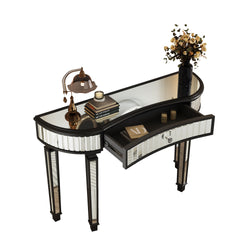 47" Half-Moon Mirrored Console Table with Fluted Glass & Crystal Knob Drawer - Silver Entryway Vanity Desk for Bedroom/Dressing Room(Black+Sliver)