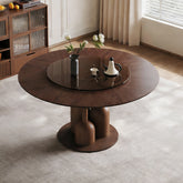 59-inch Natural Oak Wabi-Sabi Round Dining Table with 35-inch Tempered Glass Lazy Susan, Handcrafted Japanese Style Sculptural Table for Living Room & Restaurant