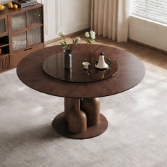 59-inch Natural Oak Wabi-Sabi Round Dining Table with 35-inch Tempered Glass Lazy Susan, Handcrafted Japanese Style Sculptural Table for Living Room & Restaurant