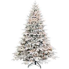 6ft Pre-Lit Flocked Artificial Christmas Tree with 400 Warm White Incandescent Lights, 1931 Tips, Snowy PE+PVC Hinged Pine with Partial Memory Wire Branches, Foldable Metal Stand for Holiday Dec
