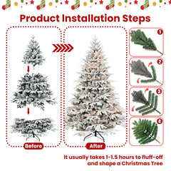 6ft Pre-Lit Flocked Artificial Christmas Tree with 400 Warm White Incandescent Lights, 1931 Tips, Snowy PE+PVC Hinged Pine with Partial Memory Wire Branches, Foldable Metal Stand for Holiday Dec