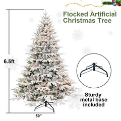 6ft Pre-Lit Flocked Artificial Christmas Tree with 400 Warm White Incandescent Lights, 1931 Tips, Snowy PE+PVC Hinged Pine with Partial Memory Wire Branches, Foldable Metal Stand for Holiday Dec