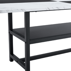 Table and chair set.71*35.4 inch White And Black Spliced Dining Table With Storage Function In The Middle Of The Table Legs.Paired With 6 Light Gray Linen Fabric Chairs.
