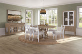 Round Expandable Table 4 Ladderback white Chairs Glass Front Server and Display Cabinet