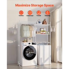 Over The Washer and Dryer Storage Shelf, 5 Tier Laundry Room Drying Rack with Hanger Rod and Hooks, Adjustable Over Washer and Dryer Shelves, Laundry Room Shelf Storage Space Saver, White