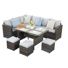 7 Piece Wicker Patio Dining Set 9-Seat Outdoor Sectional Gray Cushions Sofa with Ottomans & Dining Table Porch Backyard Garden