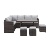 7 Piece Wicker Patio Dining Set 9-Seat Outdoor Sectional Gray Cushions Sofa with Ottomans & Dining Table Porch Backyard Garden