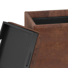 Rockwood 17 inch Wide Cube Storage Ottoman with Tray in Distressed Saddle Brown Vegan Leather