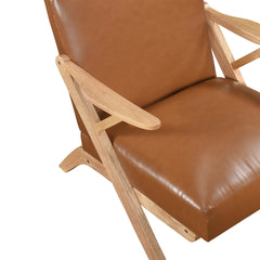 Natural Finish Solid Rubberwood Frame 1pc Accent Chair Brown Faux Leather Upholstery Living Room Furniture