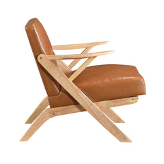 Natural Finish Solid Rubberwood Frame 1pc Accent Chair Brown Faux Leather Upholstery Living Room Furniture