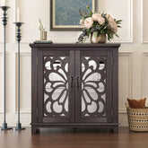 Elegant sideboard with 2 acrylic mirrored doors Sideboard and Buffet with Storage, Hollow-Carved Accent Cabinet brown laminates and MDF substrate, spacious space adjustable shelf, living room, kitchen