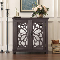 Elegant sideboard with 2 acrylic mirrored doors Sideboard and Buffet with Storage, Hollow-Carved Accent Cabinet brown laminates and MDF substrate, spacious space adjustable shelf, living room, kitchen