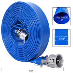 2"X100FT Pool Backwash Hose, Heavy Duty Reinforced Blue PVC Lay Flat Water Discharge Pump Hoses For Swimming Drain Pools and Clean Filters, with Aluminum Camlock C and E Fittings