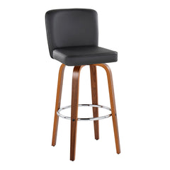 Henry 30" Contemporary Fixed-Height Barstool with Swivel in Walnut Wood and Black Faux Leather with Round Chrome Footrest by LumiSource - Set of 2