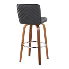 Henry 30" Contemporary Fixed-Height Barstool with Swivel in Walnut Wood and Black Faux Leather with Round Chrome Footrest by LumiSource - Set of 2