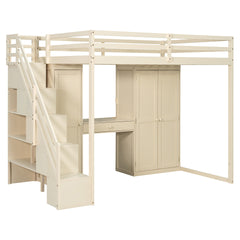 Full Size Loft Bed with Storage Staircase,Built-In Dressing Table with Mirror and Drawer, Wardrobe & Cabinets, USB Charging Ports and Lights, Beige