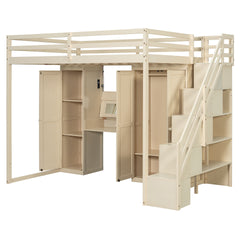Full Size Loft Bed with Storage Staircase,Built-In Dressing Table with Mirror and Drawer, Wardrobe & Cabinets, USB Charging Ports and Lights, Beige