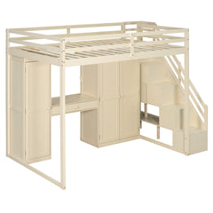 Full Size Loft Bed with Storage Staircase,Built-In Dressing Table with Mirror and Drawer, Wardrobe & Cabinets, USB Charging Ports and Lights, Beige