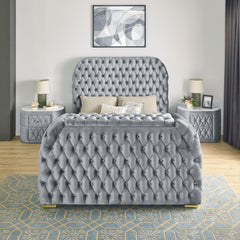 1pc Luxurious Comfort Innovative Design King Bed Deeply Tufted Headboard Upholstered Gray Velvet Television Lift Built-in Electric Fireplace Bedroom Furniture