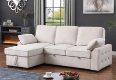 Marcello 91"W Beige Chenille Fabric Reversible Sleeper Sectional with Storage Chaise, Drop-Down Table, Cup Holders and Charging Ports