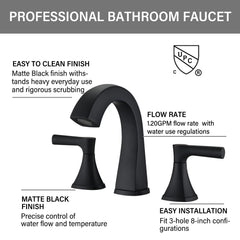 Widespread Bathroom Sink Faucets Two Handle 3 Hole Vanity Bath Faucet with Drain Assembly (Matte Black)