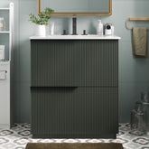 30" Bathroom Vanity with Ceramic Sink and Full-Extension Drawers, Soft Close Undermount Drawer Slides, Fluted Design, Green