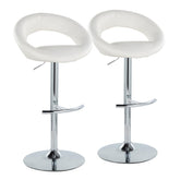 Posh Contemporary Adjustable Barstool with Swivel in Chrome Metal and White Faux Leather with Rounded T Footrest by LumiSource - Set of 2
