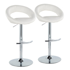 Posh Contemporary Adjustable Barstool with Swivel in Chrome Metal and White Faux Leather with Rounded T Footrest by LumiSource - Set of 2