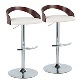 Grotto Contemporary Adjustable Barstool with Swivel in Chrome Metal, Cherry Wood and White Faux Leather with Rounded T Footrest by LumiSource - Set of 2