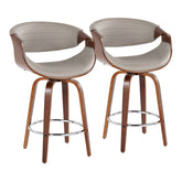 Symphony 26" Mid-Century Modern Fixed-Height Counter Stool with Swivel in Walnut Wood and Grey Faux Leather with Round Chrome Metal Footrest by LumiSource - Set of 2