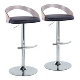 Grotto Contemporary Adjustable Barstool with Swivel in Chrome Metal, Light Grey Wood and Black Faux Leather with Rounded T Footrest by LumiSource - Set of 2