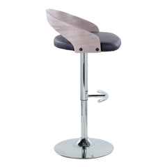 Grotto Contemporary Adjustable Barstool with Swivel in Chrome Metal, Light Grey Wood and Black Faux Leather with Rounded T Footrest by LumiSource - Set of 2