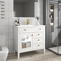 35.6" Mid-Century Bathroom Vanity Sink with Patterned Glass & Motion-sensor Light Strip, Farmhouse Freestanding Bathroom Vanity Sink with Storage, High-end Restroom Vanity Cabinet,White