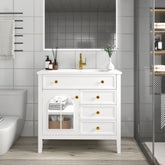 35.6" Mid-Century Bathroom Vanity Sink with Patterned Glass & Motion-sensor Light Strip, Farmhouse Freestanding Bathroom Vanity Sink with Storage, High-end Restroom Vanity Cabinet,White