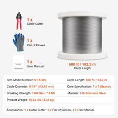 T316 Stainless Steel Cable 1/8" 7x7 Steel Wire Rope 600 ft Cable Railing