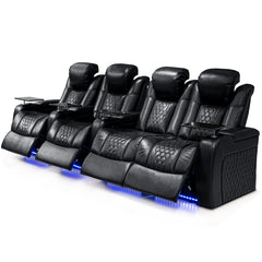 124.4"Power Recliner 4 PC Made WithTop-Grain Nappa,Fully Adjustable Relaxation,Smart Charging,Dynamic RGB LED Lighting,BLACK