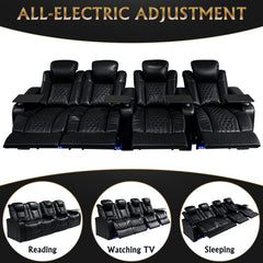 124.4"Power Recliner 4 PC Made WithTop-Grain Nappa,Fully Adjustable Relaxation,Smart Charging,Dynamic RGB LED Lighting,BLACK