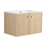 30" Wall-Mounted Bathroom Vanity whit Ceramic Sink, 2-Soft Closing Door, Oak, Plywood