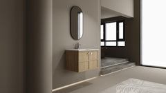 30" Wall-Mounted Bathroom Vanity whit Ceramic Sink, 2-Soft Closing Door, Oak, Plywood