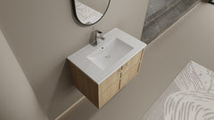 30" Wall-Mounted Bathroom Vanity whit Ceramic Sink, 2-Soft Closing Door, Oak, Plywood