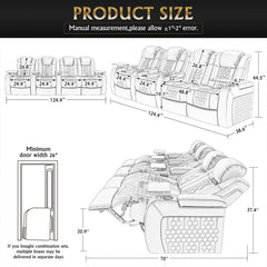 124.4"Power Recliner 4 PC Made WithTop-Grain Nappa,Fully Adjustable Relaxation,Smart Charging,Dynamic RGB LED Lighting,COFFEE